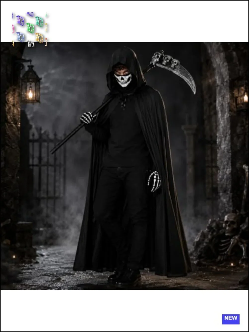 Grim Reaper Cloak Costume Halloween Hooded Cape Cosplay Scary Outfit Set